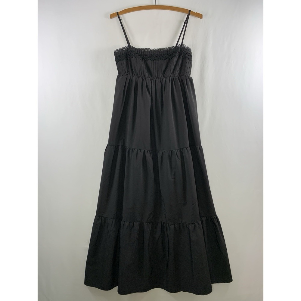 Zara Womens Tiered Babydoll Maxi Dress Sz S Black Poplin Square Neck